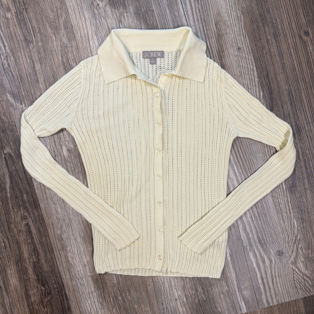 J.Crew Cream Pointelle Cotton Button Front Collared Coquette Dainty Cardigan S